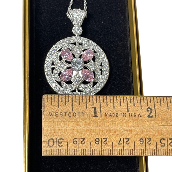 Sterling Silver Necklace Round Pendant Brilliant Diamond Pink Gem Embellished - Picture 8 of 12